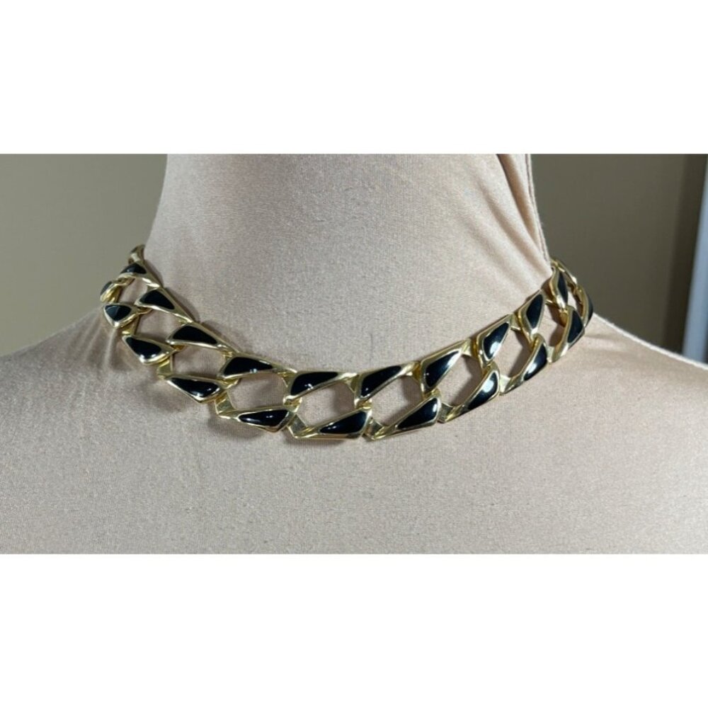 Napier Link Chain Necklace Gold Tone Black Chunky Choker VTG